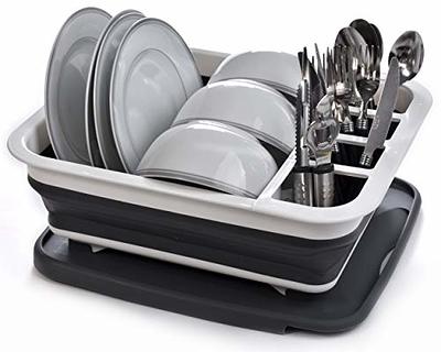  Masirs Pop-Up Collapsible Dish Drying Rack: Convenient  Storage, Drains into Sink, Eight Large Plate Capacity, Sectional Cutlery  and Utensil Compartment. Compact and Portable Design.