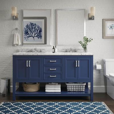 Home Decorators Collection Merryfield 37 in. W x 22 in. D x 35 in. H Single Sink Freestanding Bath Vanity in Dark Blue-Gray with Carrara Marble Top