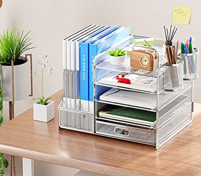 Marbrasse Desk Organizer with File Holder, 5-Tier Paper Letter Tray  Organizer with Drawer and 2 Pen Holder, Mesh Desktop Organizer and Storage  with