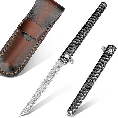  3-inch Japanese VG 10 Damascus steel pocket knife, lined with  lock and leather case, suitable for camping hunting folding knife, portable  outdoor camping fishing knife : Sports & Outdoors