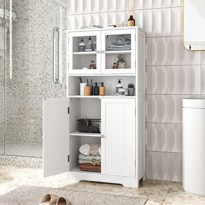 Tangkula Freestanding Bathroom Floor Storage Cabinet Wooden Storage Organizer Cupboard Shelf Grey