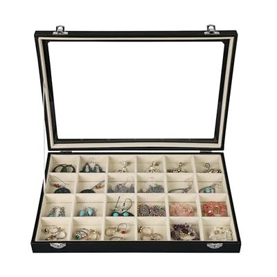 Stratalife Velvet Jewelry Organizer 24 Grid Jewelry Tray with Clear Glass Lid Display Showcase Storage Organizer Box for Earring Necklace Rings Dice