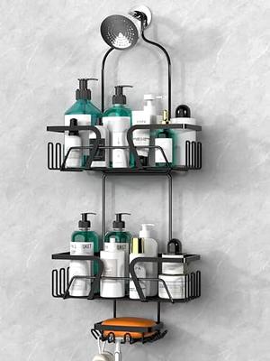 Cubilan Over The Shower Mounted 2-Tiers Bathroom Shower Caddies Hanging Shower Rack with Hooks and Soap Dish in Black