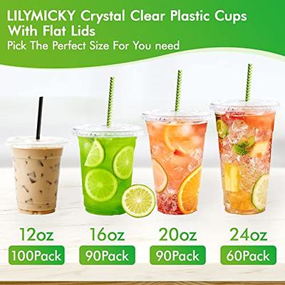 100 Pack] 16 oz Clear Plastic Cups with Flat Lids, Disposable Iced