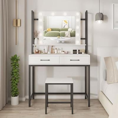 Vanity Table Set with Lighted Mirror & Stool, Makeup Vanity Desk with 4  Drawers