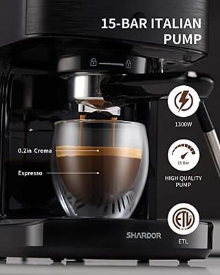 Manual Espresso Machine, 15 Bar Pump Pressure + Milk Frother Steam Wand - Black