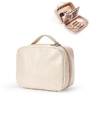 Large Capacity Travel Cosmetic Bag Plaid Checkered Makeup Bag Portable  Leather Waterproof Skincare Bag with Handle and Divider for Women 01-White