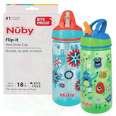 Nuby Flip-it Kids On-The-Go Printed Water Bottle with Bite Proof Hard Straw  - 12oz / 360 ml, 18+ Months, 2 pk Prints May Vary 