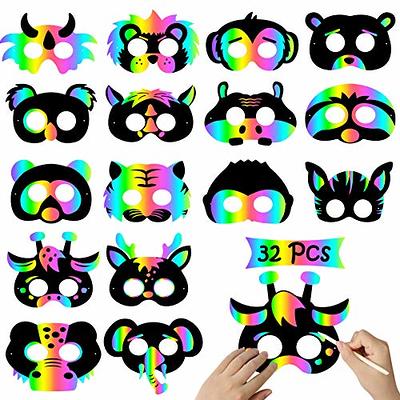 WATINC 32Pcs Scratch Paper Animal Masks, DIY Rainbow Color Mask