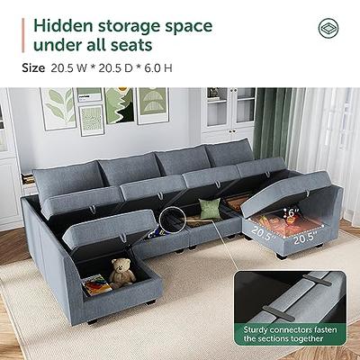 Honbay Polyester 112.6'' Wide 6-Seater Modular Sectional Sofa with Storage Ottoman, Modular Sofa with Bed, Modular Sleeper Sofas, Bluish Grey