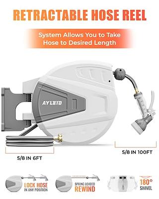 Ayleid Retractable Garden Hose Reel,5/8 in x 100 FT Wall Mounted Hose Reel,  with 9- Function Sprayer Nozzle, Any Length Lock/Slow Return System/Wall  Mounted/180°Swivel Bracket (Grey) - Yahoo Shopping