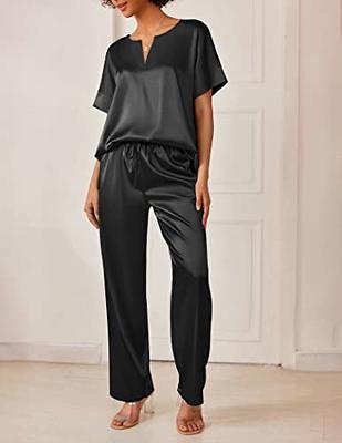 Ekouaer Women's Silk Pajama Short Sleeve Nightwear Satin V Neck Sleepwear  Soft Long Pant Silky Sleep Set Black - Yahoo Shopping