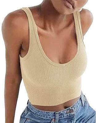 Artfish Women's Sleeveless Shirt Ribbed Fitted Scoop Neck Basic Crop Tank  Top Cotton Beige Tan S - Yahoo Shopping