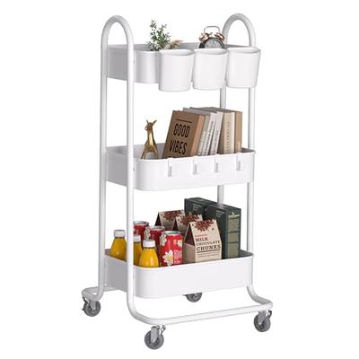 LEZIOA 3 Tier Rolling Cart, Ajustable Art Craft Cart Organizer on Wheels, Metal Utility Storage Cart with Handle for Kitchen Bathroom, Mobile