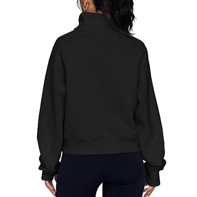 Women Zip Sweatshirts Long Sleeve Lapel Pullover Thumb Hole Cropped Pocket  Tops