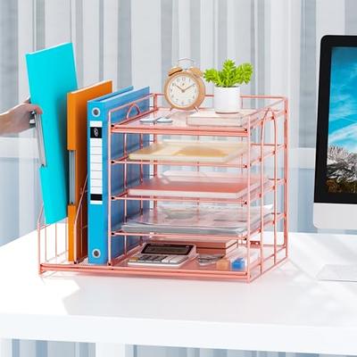 Supeasy 5 Tier Desk Organizer with Handle & 3 Pen Holders, Mesh Paper/File  Organizer for Desk, Paper Letter Tray Organizer for Office Supplies (Pink)