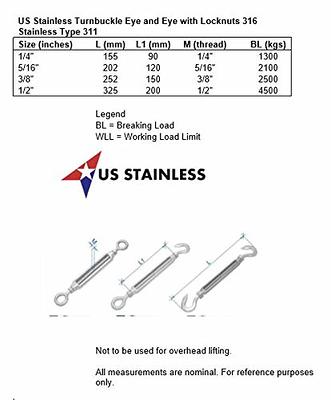 Stainless Steel 316 3/8 Turnbuckle Hook and Eye with Locknuts 3/8 UNC  Marine - US Stainless