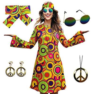 Hillban 6 Pcs Carnival 70s Women's Disco Costume Disco Outfit Afro Wig  Disco Ball Earrings Necklace Bracelet Sunglasses