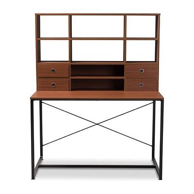 Industrial Wood and Metal Desk with 2 Shelves Brown - Benzara