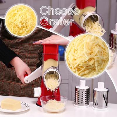 Tevokon Rotary Cheese Grater Shredder 3 Multi Blade Manual Vegetable Slicer with Non-Slip Suction Base Nuts Grinder Cheese Shredder with Brush Peeler