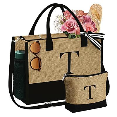 BeeGreen Initial Canvas Tote Bag w Zipper & Strap Personalized Tote Bags  for Women Monogram Embroidery Gifts for Friends Birthday Mom Bride  Bridesmaid Letter T