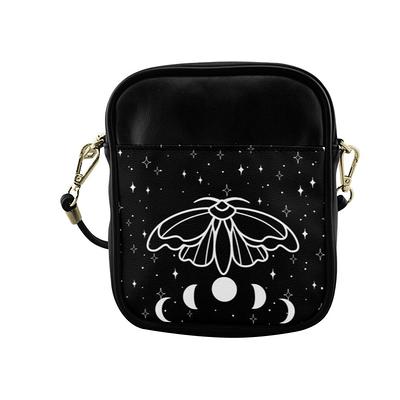 Mini Witch Bag Moth Moon Phases, Black Vegan Leather Sling Bag