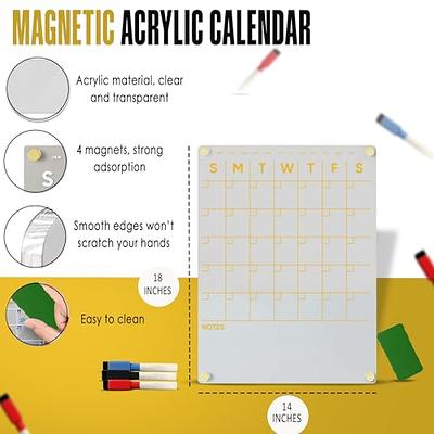 Large Magnetic Acrylic Calendar for Fridge, Vertical Gold Font Transparent  Acrylic Planning Board with Magnetic Cup Holder, Pens & Eraser