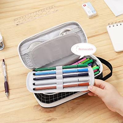 Large Pencil Case with Handle Portable Zipper Pencil Pouch Aesthetic for  Girls Kids Adults Pen Case for School Office White Plaid