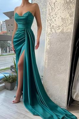 Sweetheart Long Prom Dresses for Women with Slit Satin A Line Bodycon  Strapless Formal Evening Gowns