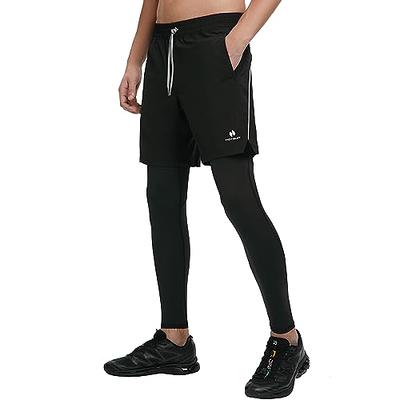 WRAGCFM Men's 2 in 1 Running Pants Shorts Tights, Workout Compression Pants  with Pocket for Men Black Small