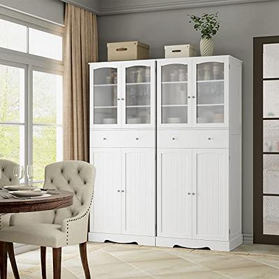 Bathroom Floor Cabinet Freestanding Storage Cabinet with 4 Glass Doors - White