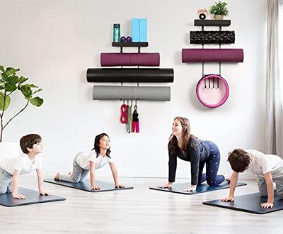 Bikoney Yoga Mat Holder Wall Mount Yoga Mat Storage Home Gym Accessories  with Wood Floating Shelves and 4 Hooks for Hanging Foam Roller and  Resistance Bands at Fitness Class or Home Gym