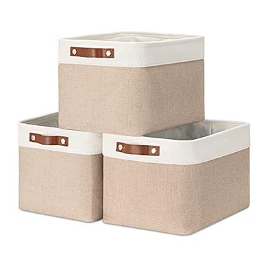 Ornavo Home Foldable Linen Storage Cube Bin with Leather Handles - Set of 6 - White, Khaki