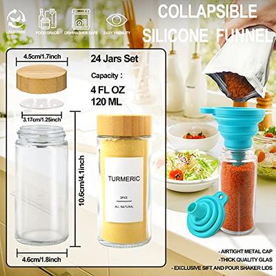 Set of 24 Glass Spice Jars with Various Labels, Bamboo Shaker Lids &  Funnel, Kitchen Storage Jars with Airtight Lid, Spices & Seasonings Sets