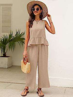 Women 2 Piece Linen Pants Set Summer Casual Outfits Flowy Sleeveless Outfit  Set Loose Tank Tops Wide Leg Pants Suits Casual : : Clothing