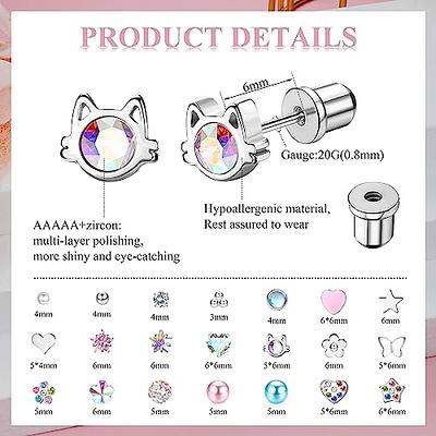 Tungary 8 Pairs Hypoallergenic Screw Back Earrings for Women Girls Surgical Steel Cute Heart CZ Flower Pearl Ball Butterfly Screwback Stud Earrring