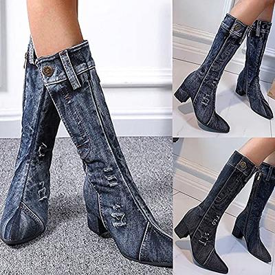 Dbzhuyn Cowboy Cowgirl Boots Denim Boots for Women,Women's Fashion Lace  Knee High Boots Casual Chunky