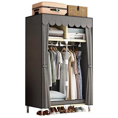 Hitow Wardrobe Armoire Closet with Glass Doors & LED Light Strips, Wooden  Large Display Cabinet with 5 Tiers Shelf & Hanging Rod, Modern Bedroom