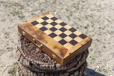 Nice Chess Game on massive wooden board with inlays including wooden  figures