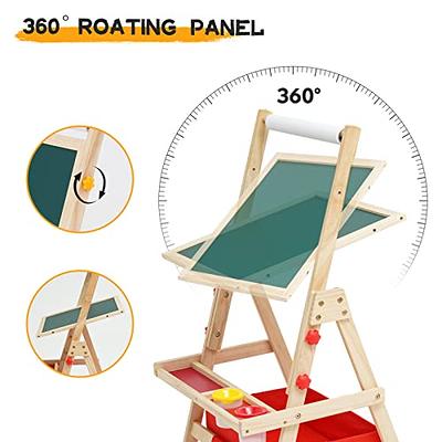 Wood Easel for Kids with Paper Roll, Kids Double Sided Easel with Extra  Large Storage Box, 360° Rotating Easel with Whiteboard & Chalkboard and