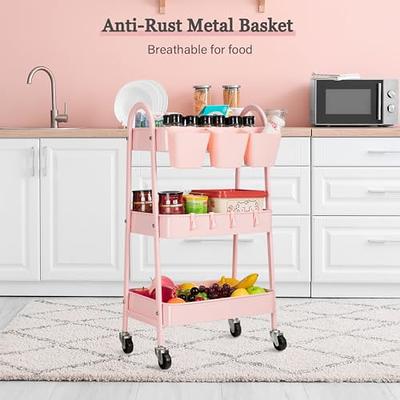 Pipishell 3-Tier Rolling Cart with Wheels, Rolling Storage Cart with 3  Hanging Cups & 4 Hooks, Mobile Utility Cart, Art Cart Organizer, Craft Cart  for