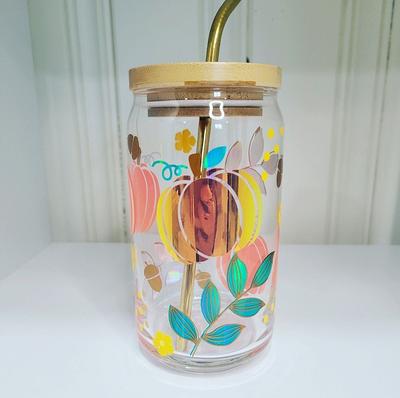 BUTTERFLY Glass Can Cup With Bamboo Lid & Straw Beer Glass Can Cup Iced Coffee  Glass Can Cup Soda Can Glass Cup 