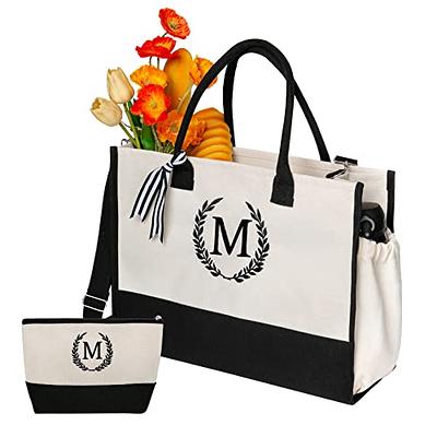 Personalized Initial Canvas Tote Bag with Zipper Pocket 13OZ