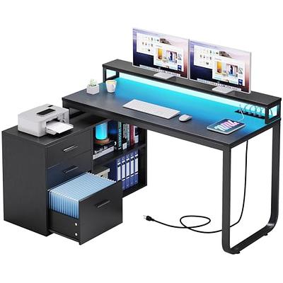 Yitahome  55 Inch L Shaped Corner Computer Desk With Power Outlet And Led  Light And File Cabinet