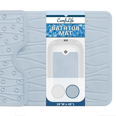 DEXI Bath Tub Shower Mat Non-Slip 16 x 39 Extra Long Bathtub Mats, Suction Cups, Drain Holes, Machine Washable Bathroom Mat, Clear Grey