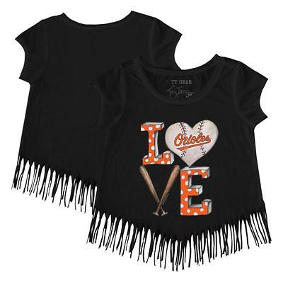 Women's Tiny Turnip White Baltimore Orioles Heart Bat T-Shirt