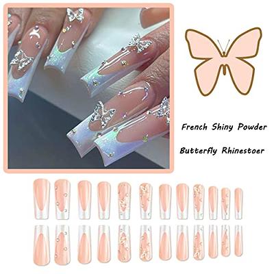 24 Pcs 3D Butterfly False Nails Design Acrylic Nails White Glossy Fake  Nails