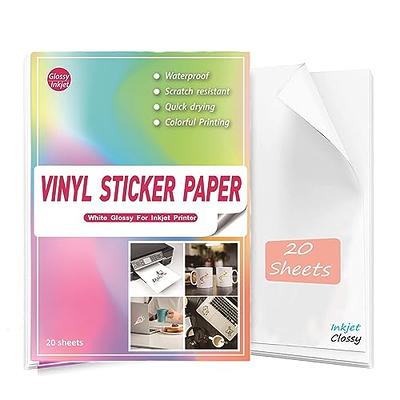 Premium Printable Vinyl Sticker Paper for Inkjet Printer - Make Waterproof  Stickers - Tear and Scratch Resistant 8.5x11 - 20 Glossy Sticker Paper