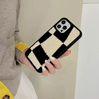  Furry Black White Phone Case Compatible with iPhone 13 Pro 6.1  inch 2021 Checkered Girly Classic Retro Chic Slim Soft Bumper +Terry velvet  Fluffy Material Protective Cover (Black White Checkers) 