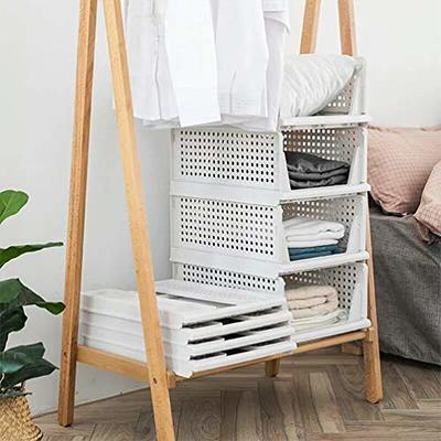 Folding and Stackable Storage Plastic Shelf in White Set of 4 